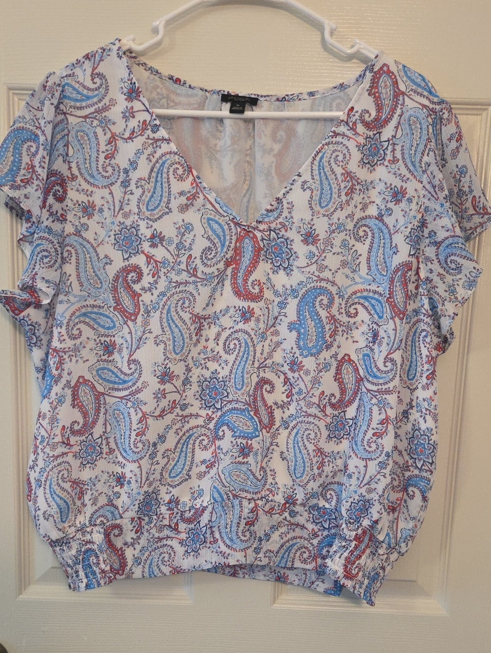 Ann Taylor Factory White Red Blue Paisley V-Neck Blouse Size XL